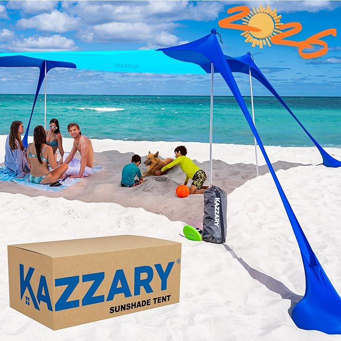 Beach Tent UPF50+ Sun Shade Canopy with Sandbags, 4 Stability Poles, Ground Pegs, Flying Disc Sand Shovel, Lightweight Sunshade Shelter, 7ft Tall for Outdoor Trips, Camping and Sports