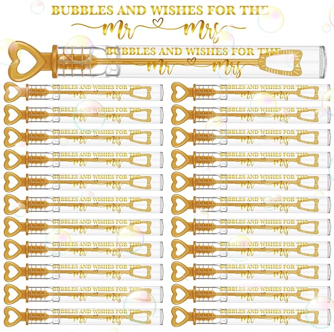 Hollowfly 60 Pack Gold Heart Wedding Mini Bubble Wands for a Wedding Bulk Bubble for Guests Send Off Wand Adults Bridal Exit Shower Party Supplies Valentine Anniversaries Celebration