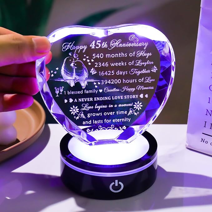 YWHL 45th Wedding Anniversary Crystal Heart Gifts for Couple Parents, Laser Engraved Romantic 45 Year Anniversary Crystal Keepsake Gifts for Wife Husband, 45 Years of Marriage Gifts for Her Him