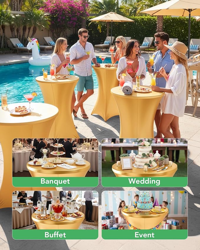 Cocktail High Top Table Covers - 32x43 Inch Fitted Spandex Round Cocktail Tablecloth for Bar Height Standing Table Cloths Reusable, for Party Wedding Banquet Event Decorations, Shiny Gold, 8 Pack