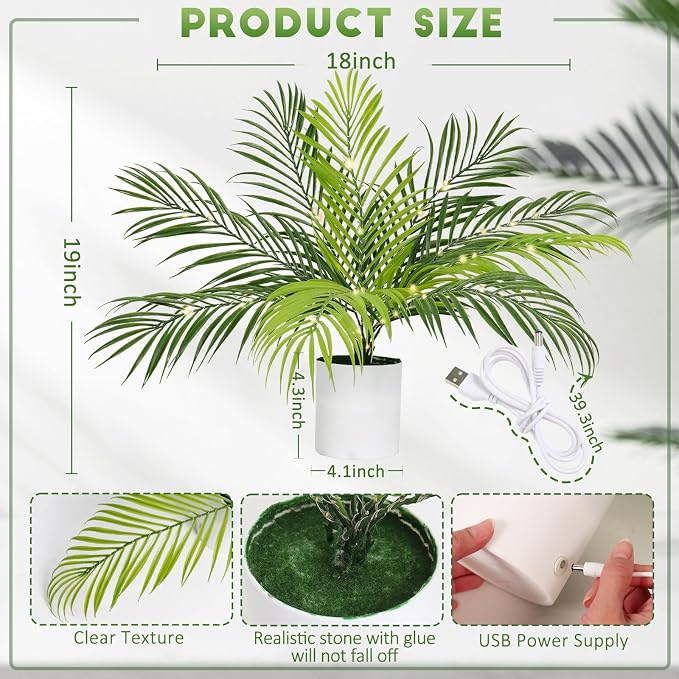 RECUTMS Fake Plants Tall 19In Artificial Tropical Palm Tree Potted with Light Faux Monstera Greenery Plants in White Pot for Indoor Outdoor Home Office Living Room Bedroom Desk Balcony Farmhouse Decor