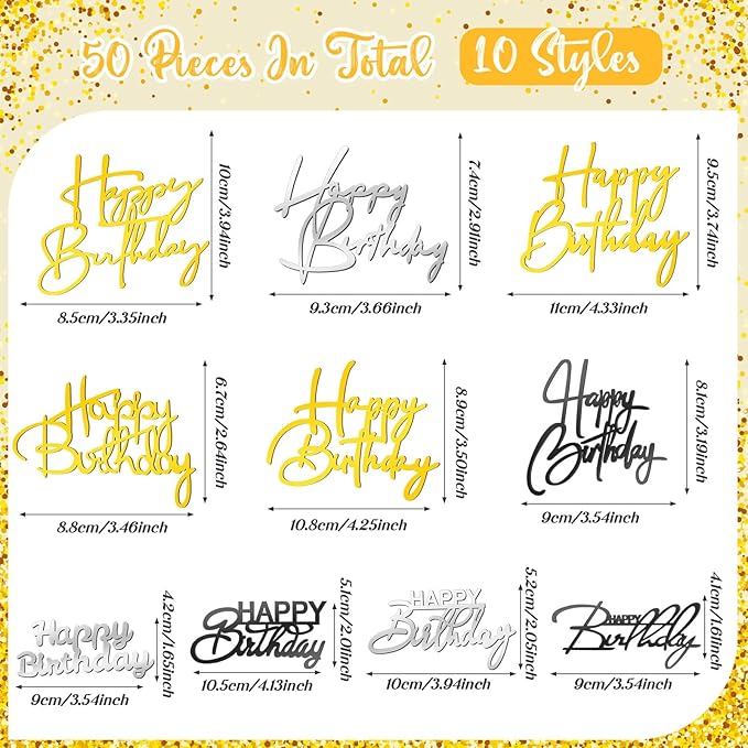 Barydat 50 Pcs Happy Birthday Cake Toppers Bulk Mirror Acrylic Cupcake Topper Cupcake Decorations Happy Birthday Sign for Cake Side Inserts Decor Party Supplies 10 Style (Mixed Colors)