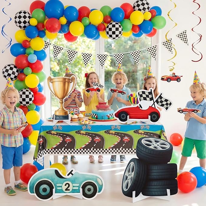 Honoson 4 Pcs Large 30" Racing Car Cardboard Cutouts Standup, Race Car Birthday Party Decorations Check Flag Trophy Tire Photo Booth Props for Photography Backdrop Baby Shower Party Supplies Yard Sign