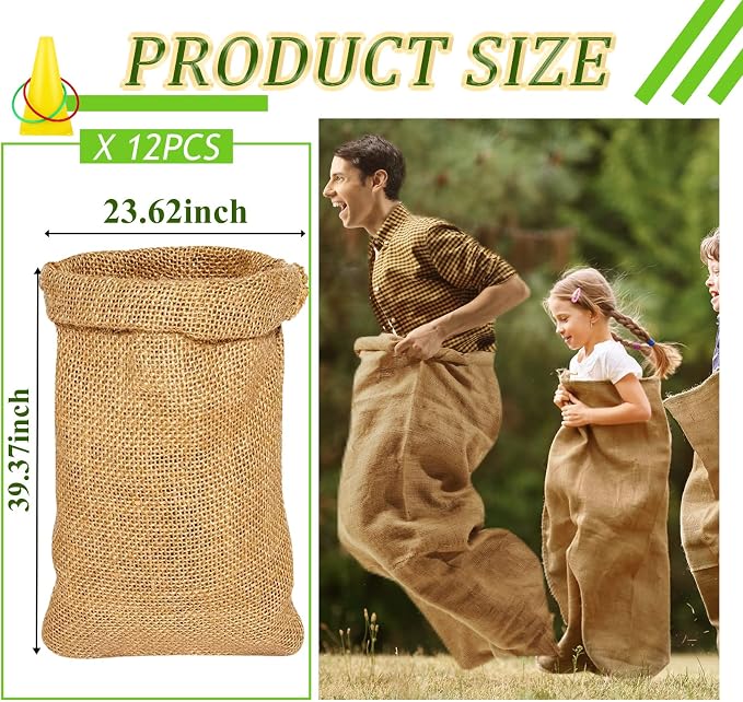 12 Pack Burlap Sack Race Bags 24 x 40 Inch Large Burlap Sack Potato Outdoor Lawn Games for Holiday Birthday, Family Reunion, Carnival, Easter, Halloween, Plant Frost Protection