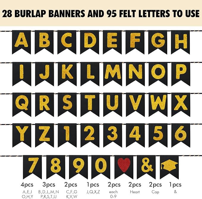 Custom Banner Kit, 28 Burlap Banner with 95 Felt Letters, Make Your Own Diy Customizable Kit for Birthday Wedding Party Decorations
