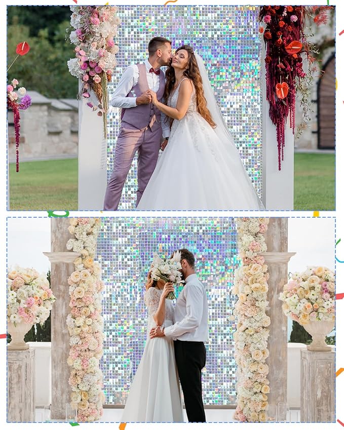 Iridescent Silver Shimmer Wall Backdrop 24 Panels Cover 6 x 4 Ft, Photo Backdrops for Wedding,Anniversary,Birthday,Party Decoration