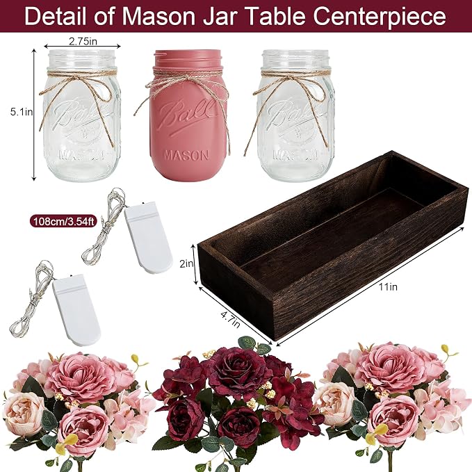 Mason Jar Centerpiece for Table Kitchen Dining Room Decor with Light | 3 Piece Farmhouse Coffee Table Decor with Fake Flowers Wood Tray for Living Dining Room Bathroom Wedding Outdoor Decoration