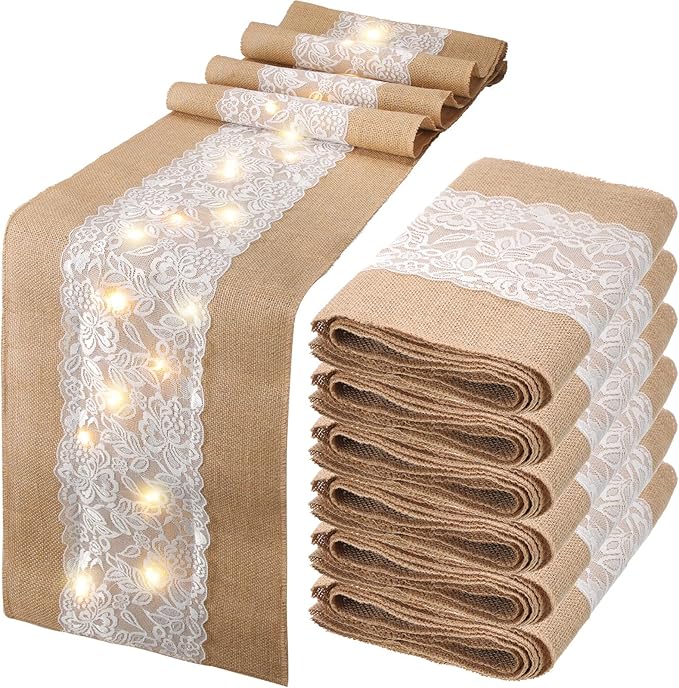 Xinnun 6 Pack Burlap Table Runner with Warm LED Lights,Rustic Lace Wedding Table Decor,Boho Farmhouse Jute Runner for Reception Bridal Shower Party(Classic,12x108 Inches)