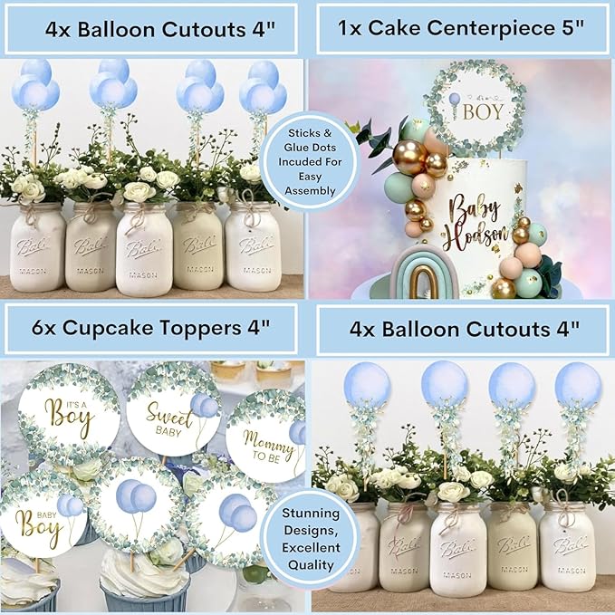 MEGA 254 Pc Watercolor Dusty Blue And Sage Green Baby Shower Decorations Boy, Gender Neutral Balloons Garland Kit, BABY boxes, Backdrop, Banners, Cake Topper, Tablecloth, Plates Napkins, Cups Utensils