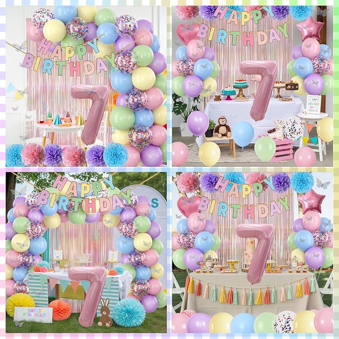 Pastel 7th Birthday Party Decorations for Girls Number 7 Balloon Happy Birthday Banner Butterfly Stickers Fringe Curtain Paper Pom Poms Macaron Pink Star Heart Foil Colorful Balloons 7 Year Old Decor