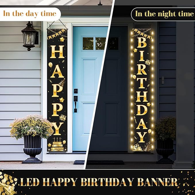 Breling Happy Birthday Banner with Lights 71 x 12 Inch LED Happy Birthday Decoration Door Banner Party Porch Sign Outdoor Indoor Hanging Supplies for Women Men(Black Gold)