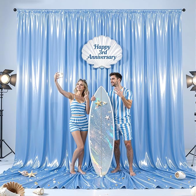 Blue Glitter Backdrop Curtains - 10x12FT Satin Photo Backdrop, Wrinkle-Free Shimmer Back Drop Cloth Shiny Drapes for Photobooth Wedding Birthday Parties Photoshoot Background Decorations