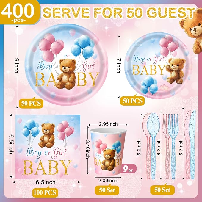 Funnymoom 400 Pcs Bear Gender Reveal Party Supplies for 50 Guests Boy or Girl Gender Reveal Disposable Plates Napkins Cups Spoons Forks Knives for Pink Blue Baby Shower Party Favors