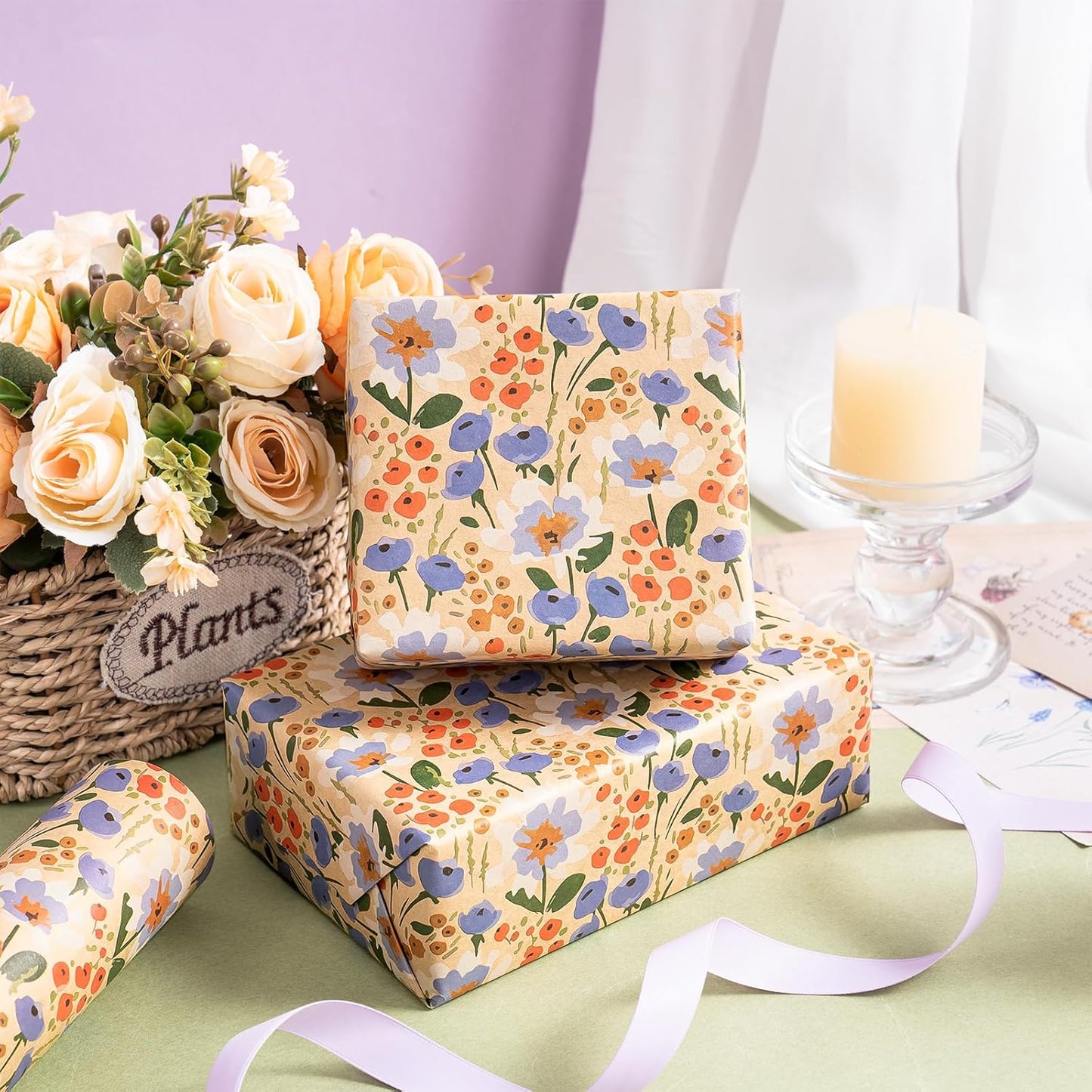 WRAPAHOLIC Kraft Floral Wrapping Paper Roll - Mini Roll - 17 Inch x 33 Feet - Watercolor Flower Wrapping Paper, Perfect for Wedding, Birthday, Bridal Shower, Tea Party