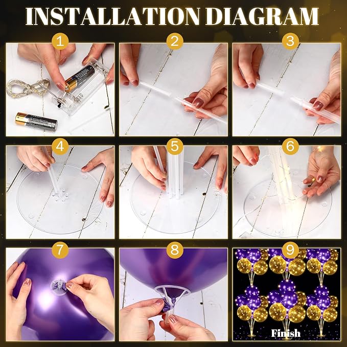Junkin 6 Set Balloons Centerpieces for Table with LED String Light 60 Pcs Balloons Light up Table Balloon Stand Centerpieces for Graduation Birthday Baby Shower Wedding Bridal Shower(Purple)