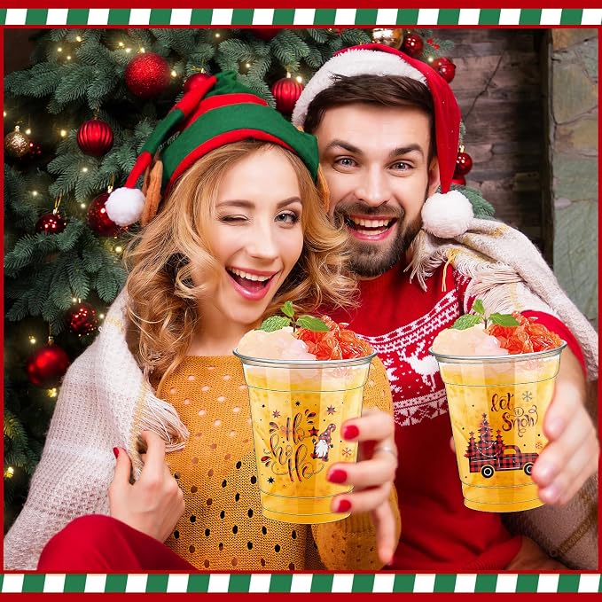 FoldTier 50 Pcs Merry Christmas Buffalo Plaid Plastic Cups - 12 oz Clear Disposable Drinking Cups for Home Xmas Theme Party Favors & Kitchen Supplies
