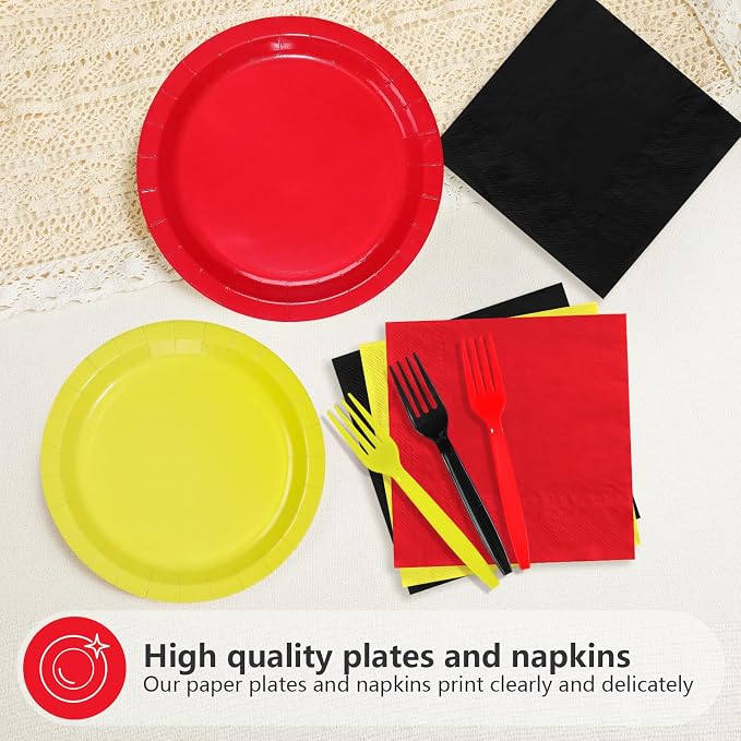 96Pcs Red Black Yellow Mouse Themed Party Decorations, Serve 24 | Mouse Color Cartoon Plates and Napkins Sets for Mouse Theme Kids Baby Shower Birthday Wedding Anniversary Party Supplies