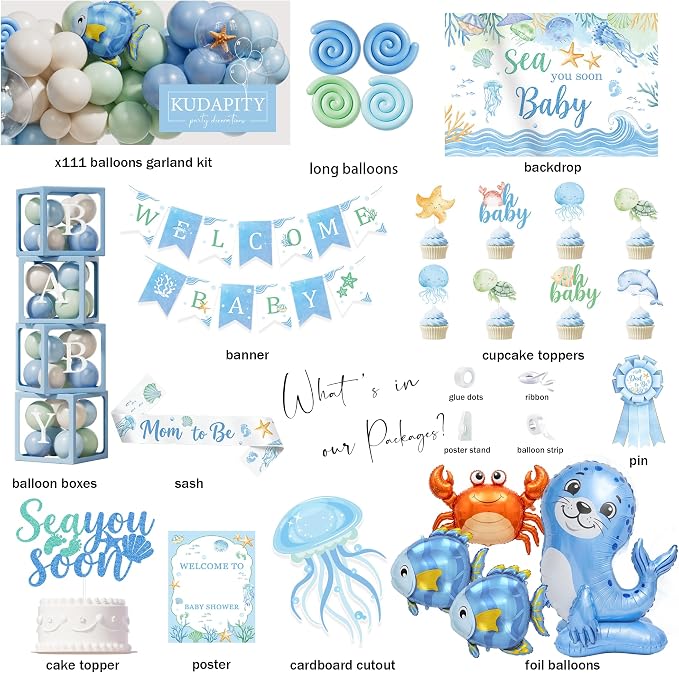 Under the Sea Baby Shower Decorations, All-in-One Sea You Soon Baby Shower Boy Party Decoration Kit with Balloon Arch Backdrop for Summer UnderWater Ocean Animal Theme Baby Shower Decorations Boys
