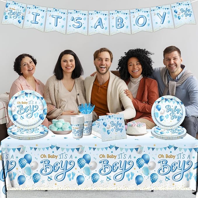 CMUSKO Blue Baby Shower Decorations for Boy, It's a Boy Baby Shower Party Supplies with Baby Boy Plates Napkins Cups Banner Tablecloth for Baby Boy Gender Reveal Baby Shower Party Decor
