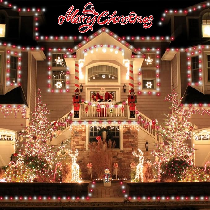 YEGUO 4 Pack Red and White Solar Fairy Lights, Each 33ft 100 LED Christmas Lights Outdoor Waterproof, 8 Modes Sliver Wire Solar String Lights
