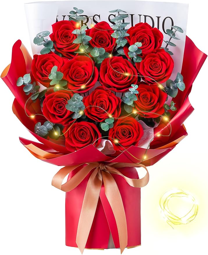 Mosstory 12 Red Preserved Roses Bouquet Flower Bouquet with Led Lights Gift for Women Wife Mother Day Birthday Wedding Anniversary (Red)