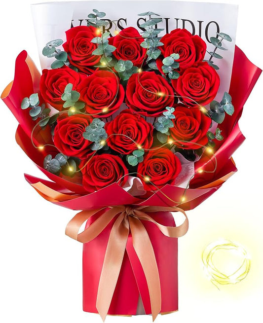 Mosstory 12 Red Preserved Roses Bouquet Flower Bouquet with Led Lights Gift for Women Wife Mother Day Birthday Wedding Anniversary (Red)