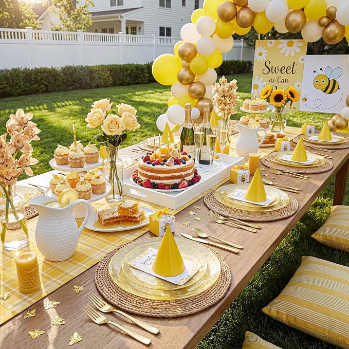 Festiva 60PCS Clear Yellow Gold Plastic Plates - Heavy Duty Fancy Disposable Plates With Gold Rim -serve for 30 guests Include 30PCS 10.25" & 30PCS 7.5" Honeycomb Design Plates for Party(Yellow)