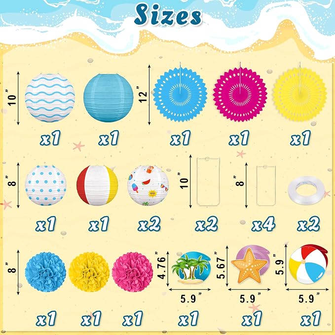 Renbuzhu 15Pcs Beach Party Decorations Paper Lanterns Fans Pom Poms Hanging Swirls Summer Pool Luau Hawaiian Tropical Decor Indoor Outdoor