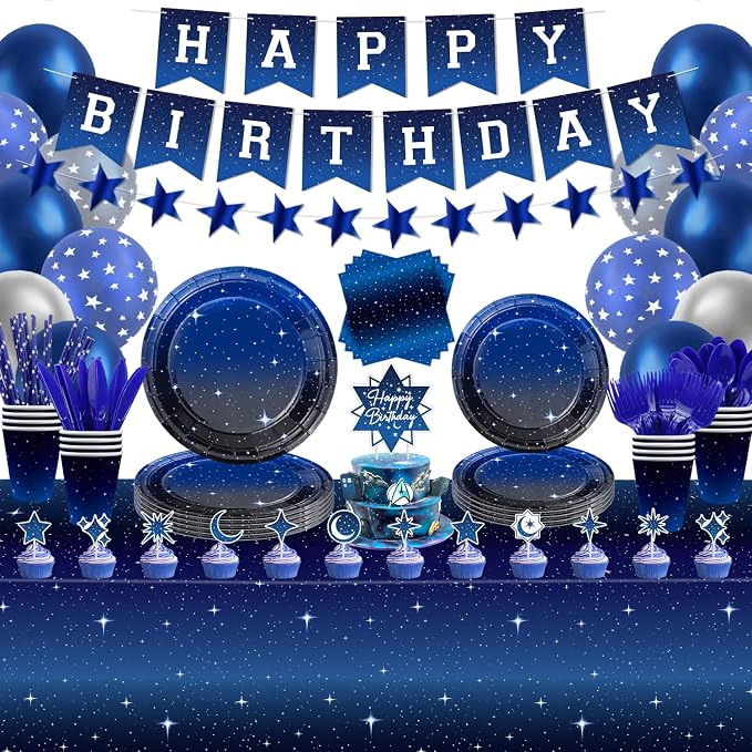 221 Pack Space Galaxy Party Supplies Ramadan Decoration Starry Night Tableware Set Space Birthday Banner Star Garlands Outer Tablecloth Galaxy Planet Themed Birthday Party Decorations Serves 20