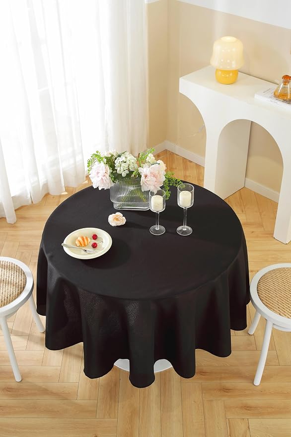 5 Pack Round Tablecloth 108 Inch Black Tablecloth, Polyester Fabric Washable Table Cloth for Home, Party, Wedding or Restaurant Use.