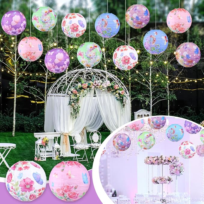Panelee 12 Pcs Butterfly & Floral Theme Party Decorations Floral Hanging Paper Lanterns 8 Inches Round Flower Paper Lanterns for Summer Tea Party Ceiling Garden Wedding Bridal Decor Supplies