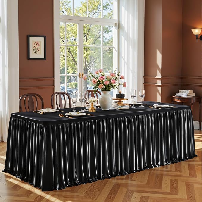6 Packs Black Satin Tablecloths Rectangle 8FT, Glitter Spandex Fitted Stretch Table Covers Wrinkle-Free Floor Length Shimmer Table Skirt for Weddings Parties Baby Shower Banquets Vendor Events