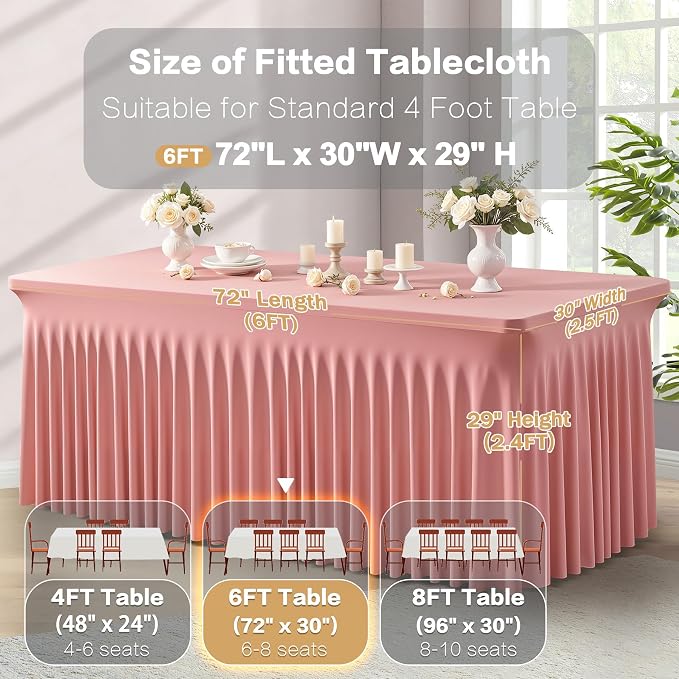 2 Packs Dusty Rose Spandex Table Cloths 6 Foot, Fitted Stretch Table Cover with Skirts 30x72 Inch, Wrinkle-Free Floor Length Tablecloths Rectangular for Weddings Parties Banquets Events Decorations