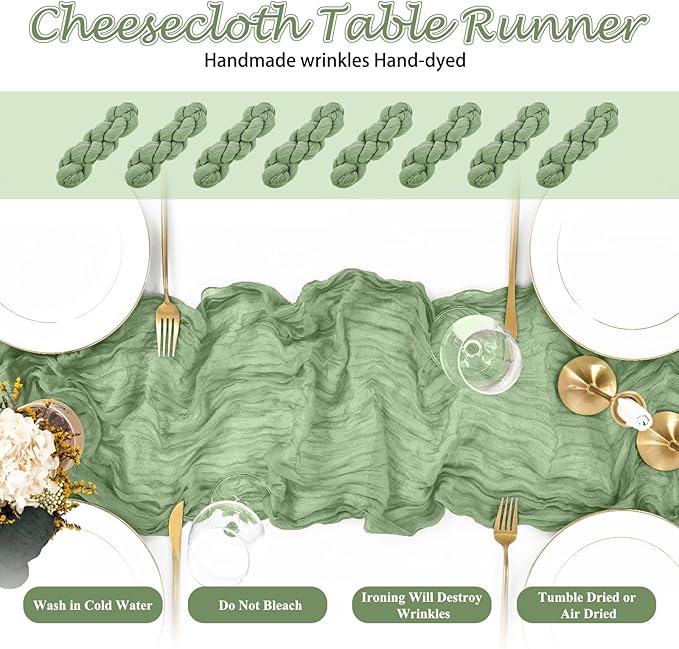 8 Pack Sage Green Cheesecloth Table Runner 10FT Long Boho Gauze Fabric Table Runner Vintage Rustic Sheer Runners for Wedding Party Bridal Baby Shower Table Decorations