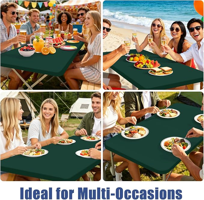 Moosfor Spandex 8 Foot Rectangle Table Cloth 4 Pack, Elastic Fitted Tablecloths for Picnic, Stretch Washable Patio Table Cover for Outdoor, Camping, Banquet and Parties (Hunter Green, 30"x96")