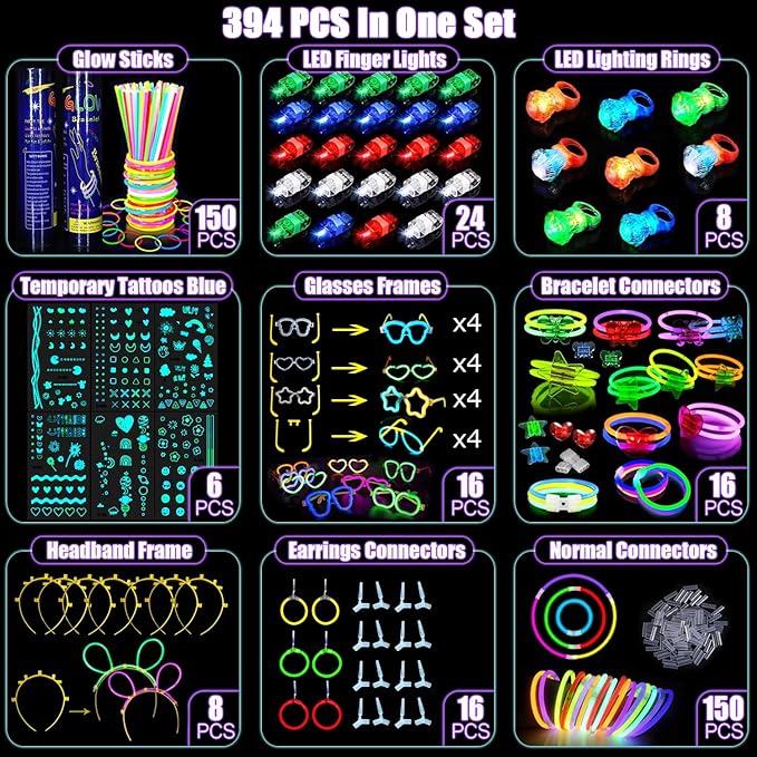 394 Pcs Glow in the Dark Party Supplies for 16 Kids Adults, Light Up Party Favors, 150 Ultra Bright Glow Sticks Bulk Party Pack with Set of 16 Glow Glasses,Earring, Headband,Bracelets, Necklaces