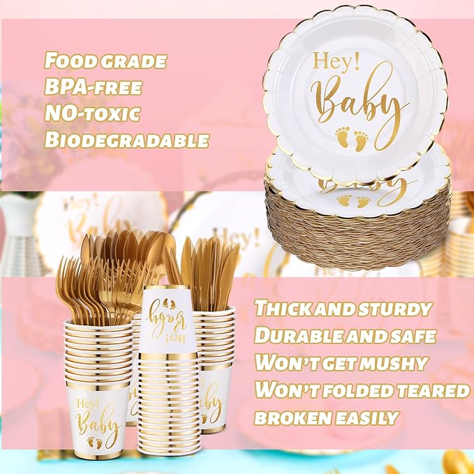400 Pcs Baby Gender Reveal Plates and Cups and Napkins Sets with Forks Spoon Party Supplies Baby Shower Paper Tableware Gender Reveal Decorations Disposable Cutlery, Serves 50(Gold,Hey)