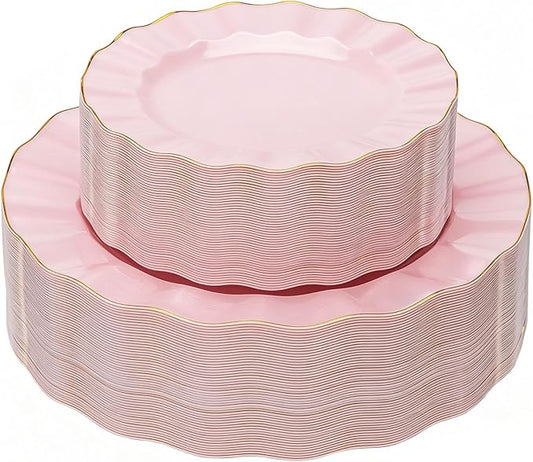 120PCS Pink Plastic Plates, Heavy Duty Disposable Party Plates with Gold Rim, Fancy 60 Dinner & 60 Dessert Plates for Mother's Day, Parties and Wedding