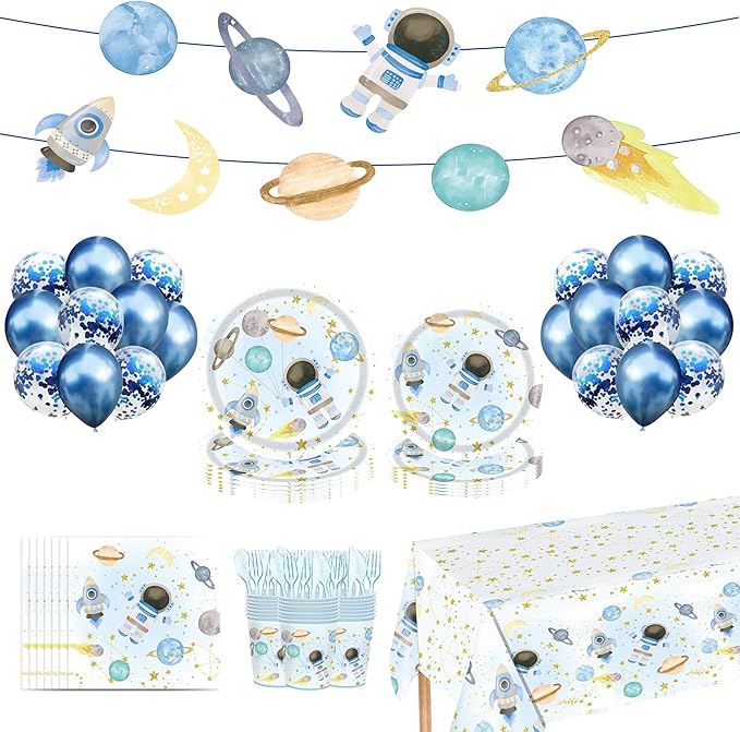 Space Themed Party Decorations,Space Party Decorations,Two The Moon Birthday-173pcs Space Supplies: Tableware & Decorations: Astronaut Plates,Cups,Napkins,Cutlery,Tablecloth,Banner,Balloons(20 Guests)