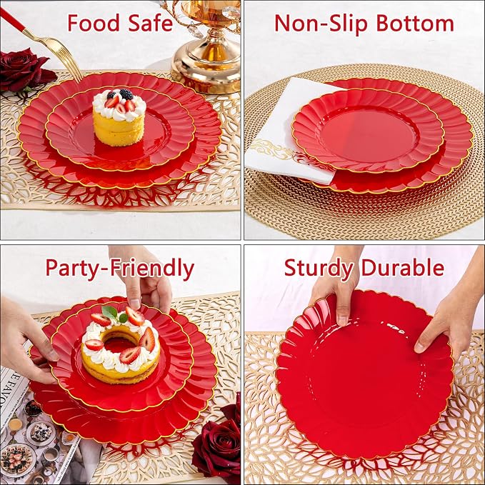Ciaell 175 PCS Red Scalloped Plastic Plates with Gold Trim - Red Plastic Silverware with Handle - Fancy High-End Dinnerware Sets for Wedding & Party