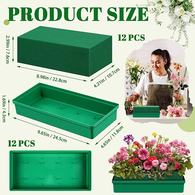 Teenyyou 12 Pack Large Size Floral Foam with Bowl 9.65" l x 4.65" W x 3" H Rectangle Wet Floral Foam Cage Blocks Flower Arrangements Supplies for Table Party Festival Flower Decor