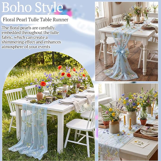 Lounsweer 3 Pcs Blue Wildflower Table Runner 10ft Embroidery Tulle Spring Floral Table Runner Seasonal Summer Butterfly Kitchen Dining Gauze Decoration for Wedding Baby Shower Birthday Party