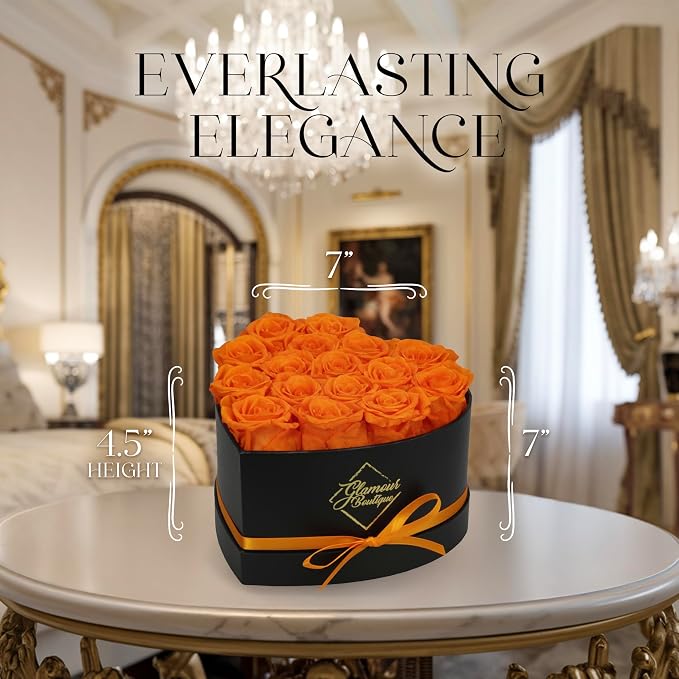 GLAMOUR BOUTIQUE 16 Flower Forever Heart Shape Box, Mothers Day Gift For Mom, Eternal Preserved Roses Gift for Her, Flowers bouquet, For Birthday, Anniversary, Girlfriend - Orange (Color-Treated)