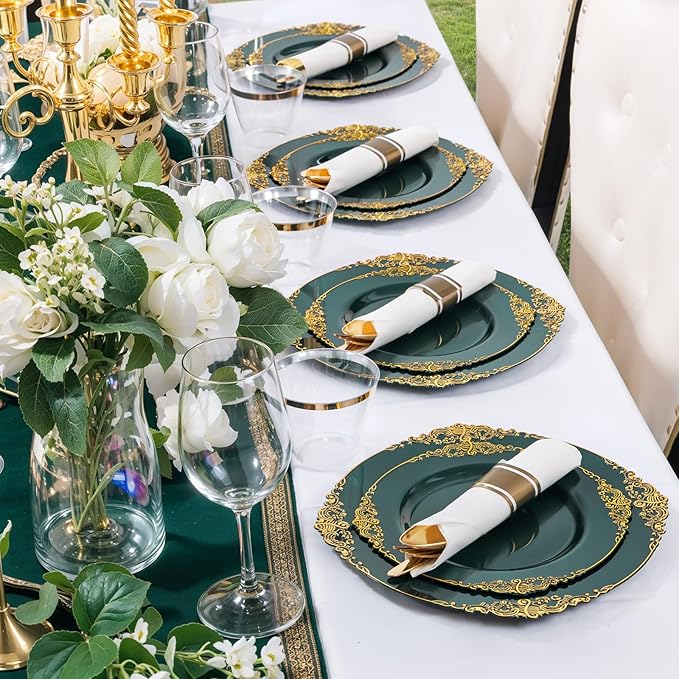 Nervure 100Pcs Green and Gold Plastic Plates - 7.5inch Green Disposable Plates - Heavyweight Gold Plastic Plate - Dessert Plate for Wedding & Party