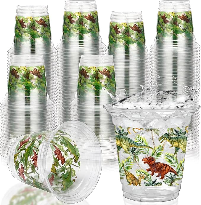 Geyoga 100 Pcs Dinosaur Plastic Cups 12 oz Dinosaur Disposable Drinking Cups Bulk Clear Dino Themed Tumbler for Dino Birthday Party Decoration