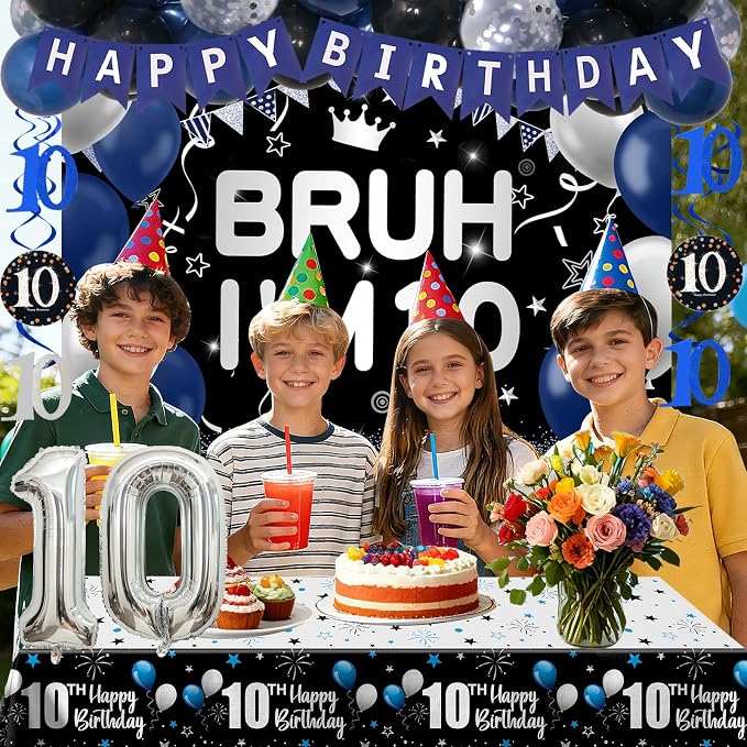 10th Birthday Decorations for Boys & Girls, 54 PCS Blue Black Party Decorations, 10 Year Old Boy Birthday Party Supplie with Banner Backdrop, Hanging Swirls, Tablecloth, Bruh I'm 10 Party Supplies