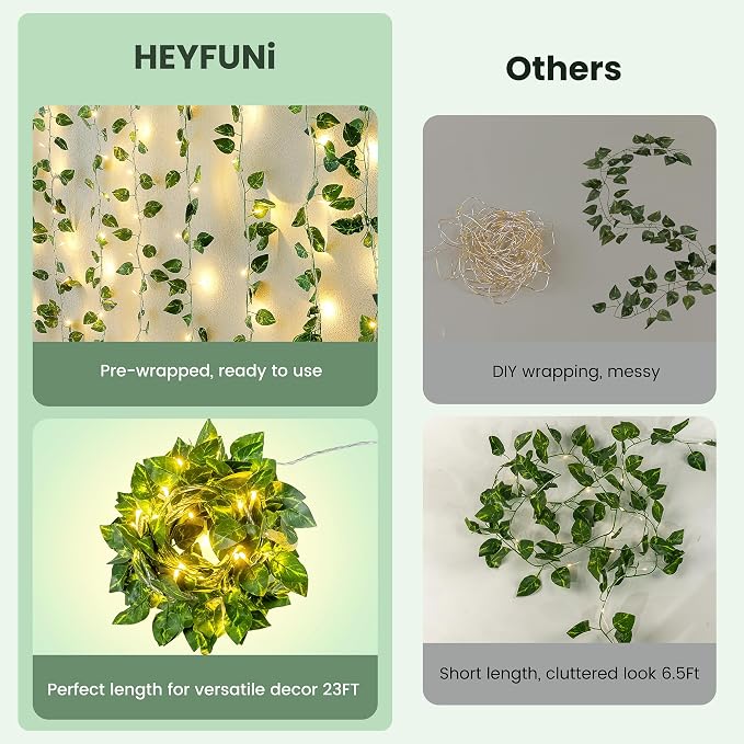 HEYFUNi Vines with Lights 23FT, Faux Pothos String Lights Plug in | 73 Warm White LEDs, Artificial Pothos Leaf Lights For Bedroom, Wall, Balcony, Wedding, Party, Dorm, Aesthetic Decor