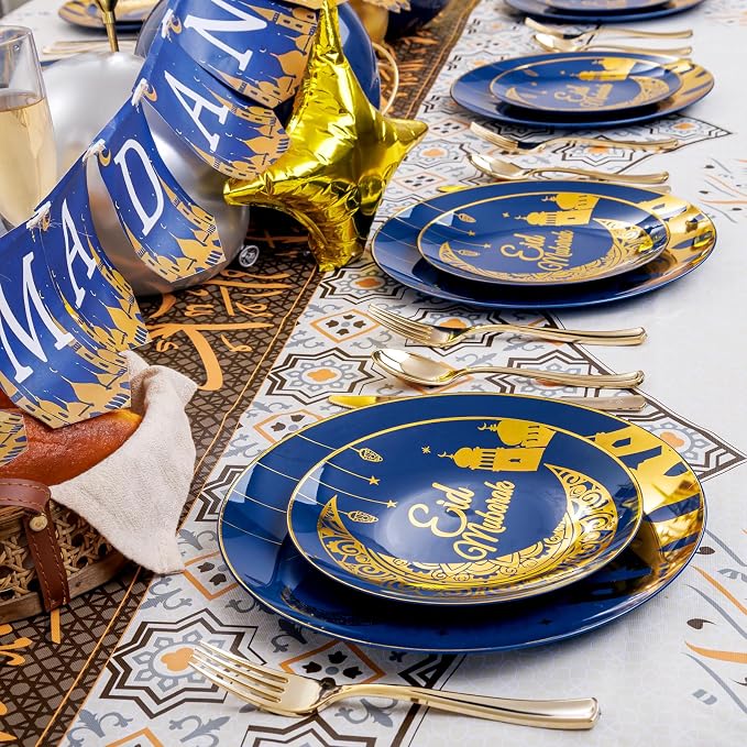 Nervure 125PCS Ramadan Plastic Plates - Eid Mubarak Plates - Blue Gold Plates Include 50 Plates 25 Spoons 25 Forks 25 Knives for Ramadan Mubarak Table Decorations Eid Al-fitr Party Favors