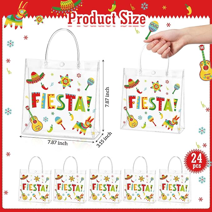 Hosuly 24 Pcs Mexican Fiesta PVC Treat Bags with Handles Reusable Fiesta Clear Plastic Gift Bags Cinco De Mayo Candy Goodie Handbags Taco Bar Favors Decor for Mexico Party Supplies