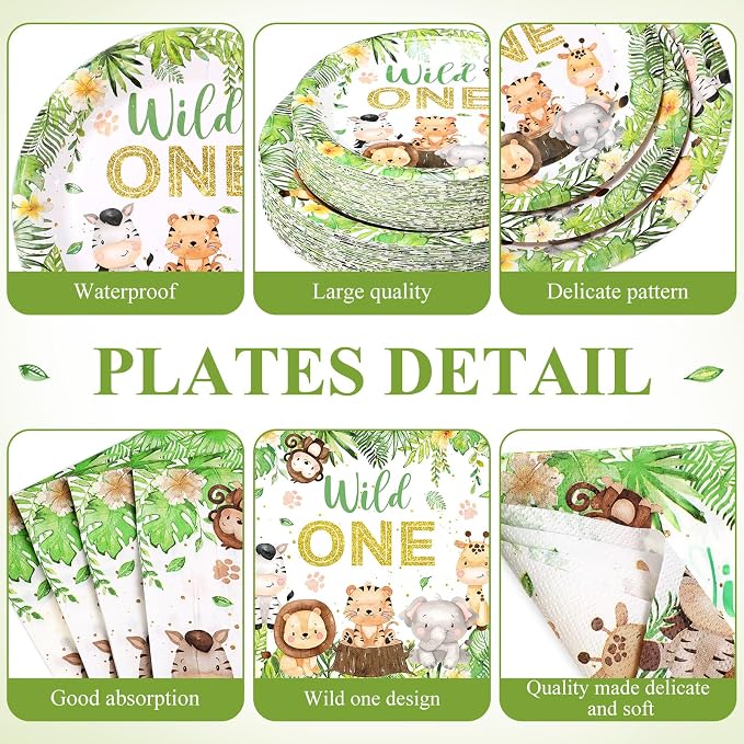 Funnymoom 400 Pcs Wild One Birthday Party Supplies for 50 Guests 1st First Safari Jungle Baby Shower Disposable Plate Napkin Cup Spoon Fork Knives for Boys Animal Party Decoration